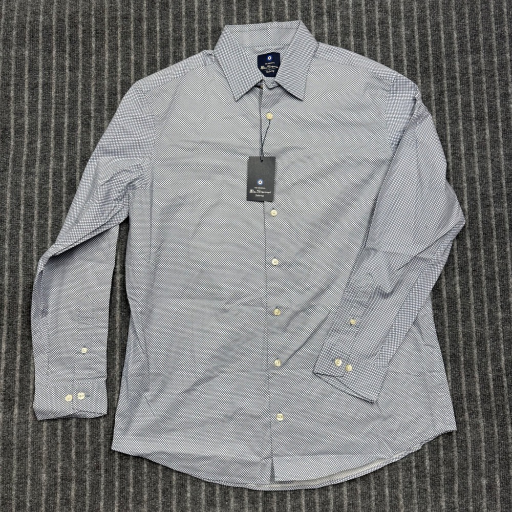 Ben Sherman Mens Tailoring Shirt L 16-16.5 Blue Micro Dot Stretch Long Sleeve